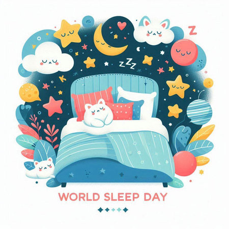 World Sleep Day. Cute hand drawn vector illustration with cute cartoon sleeping cats.のイラスト素材