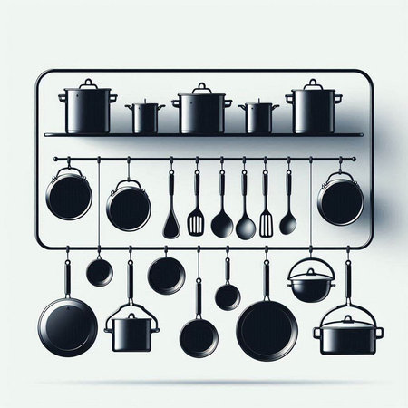 Kitchen equipment and utensils on shelf. Vector illustration.のイラスト素材
