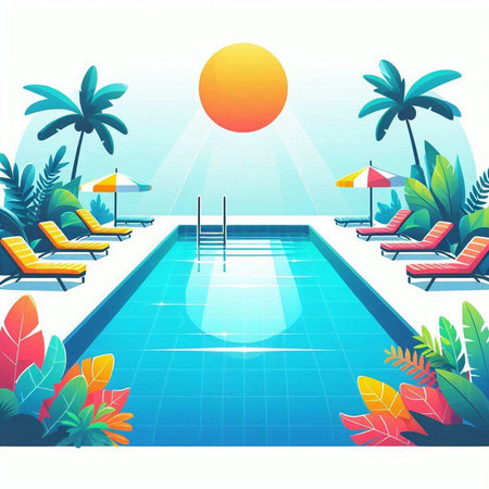 Swimming pool with sun loungers and palm trees. Vector illustration.のイラスト素材