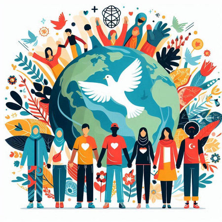 International Day of Peace concept with people around the globe. Vector illustration.のイラスト素材