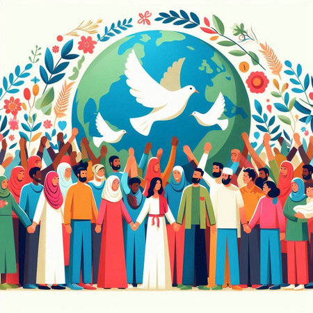 Vector illustration of a religious holiday with people and the planet in the backgroundのイラスト素材
