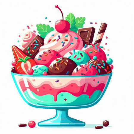 Vector illustration of ice cream in a glass bowl with berries, fruits and chocolate.のイラスト素材