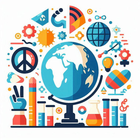 Vector illustration of science and education concept with globe and icons. Education and learning concept.のイラスト素材