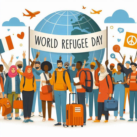 World Refugee Day. Group of diverse people with placard. Vector illustration.のイラスト素材