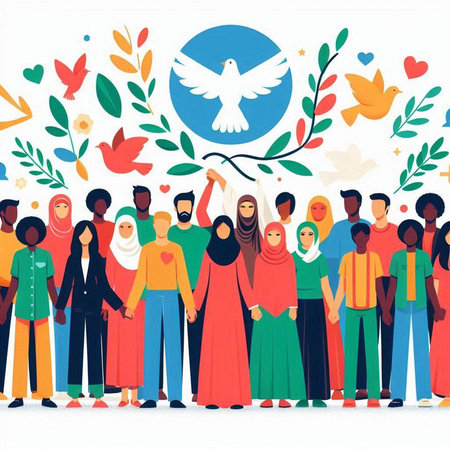 International Day of Peace concept. Group of people standing together with peace dove. Flat vector illustration.のイラスト素材