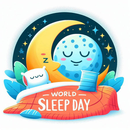 World Sleep Day greeting card. Cute cartoon character sleeping on the pillow with moon and stars. Vector illustration.のイラスト素材