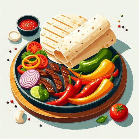 Mexican food vector illustration. Traditional mexican tortilla with ingredients on a plateのイラスト素材