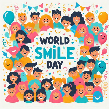 World Smile Day greeting card with group of smiling people. Vector illustration.のイラスト素材