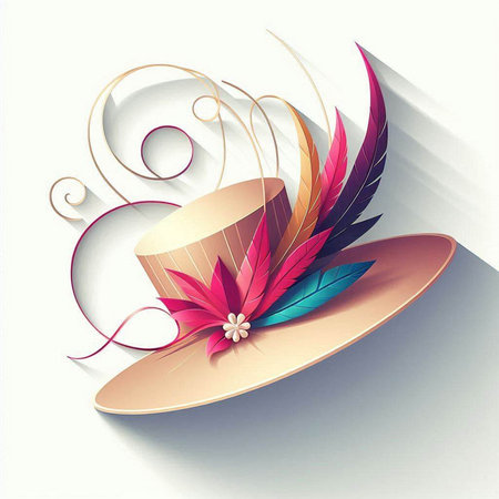 Illustration of a hat with feathers and flowers on a white backgroundのイラスト素材