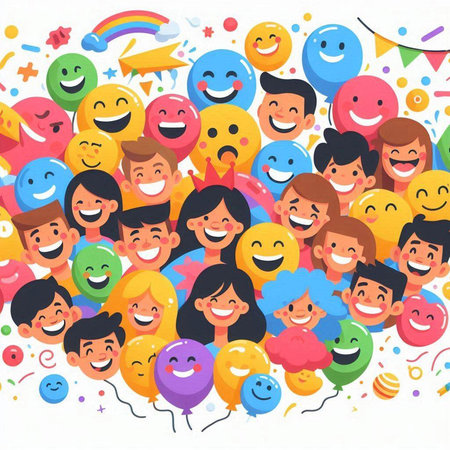 Happy group of people with smiley faces and balloons. Vector illustration.のイラスト素材