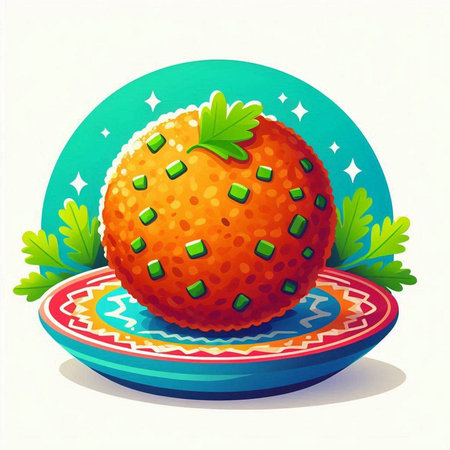 Illustration of a ripe red strawberry on a colorful plate with a green backgroundのイラスト素材