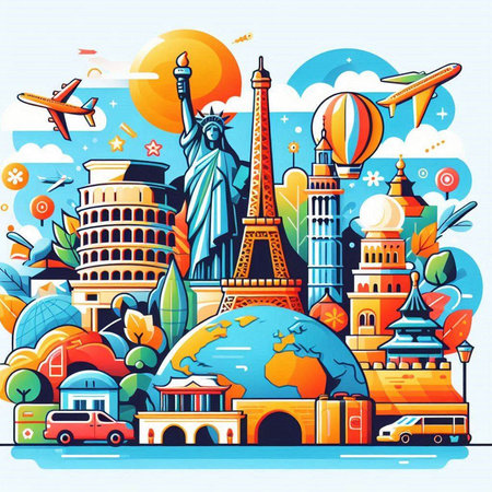 Travel around the world. Colorful vector illustration in flat style.のイラスト素材
