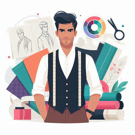 Fashion designer. Vector illustration in cartoon style. Man with sewing tools and accessories.のイラスト素材