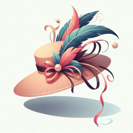 Vintage hat with feathers and ribbons on white background. Vector illustration.のイラスト素材