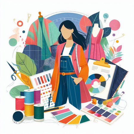 Vector illustration of fashion designer working in her office. Vector illustration.のイラスト素材