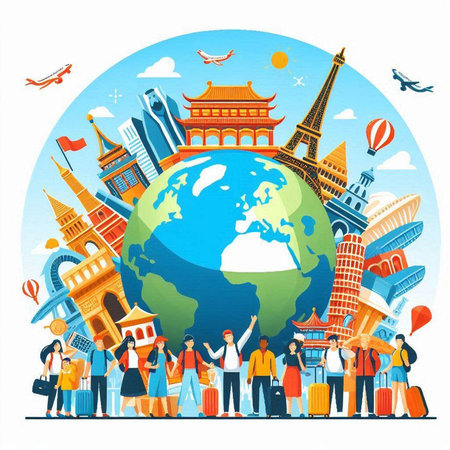 Travel around the world. Tourists travel around the world. Vector illustrationのイラスト素材