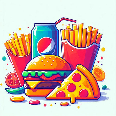 Fast food. Vector illustration of hamburger, french fries, soda can, pizza.のイラスト素材