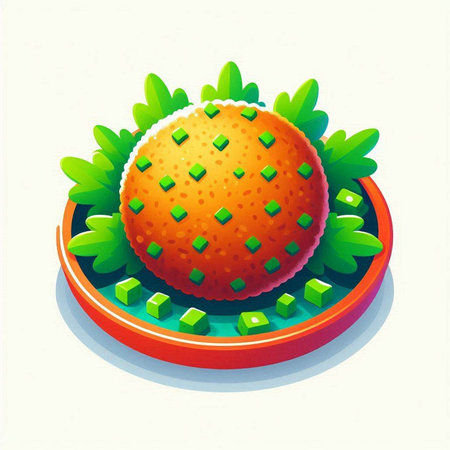 Vector illustration of an orange on a plate with green leafs.のイラスト素材