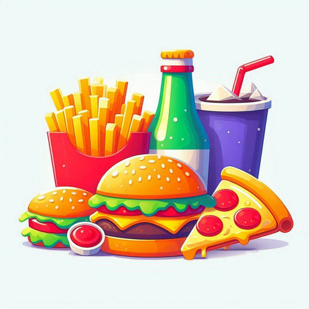 Fast food vector illustration. Hamburger, french fries, soda, pizza.のイラスト素材