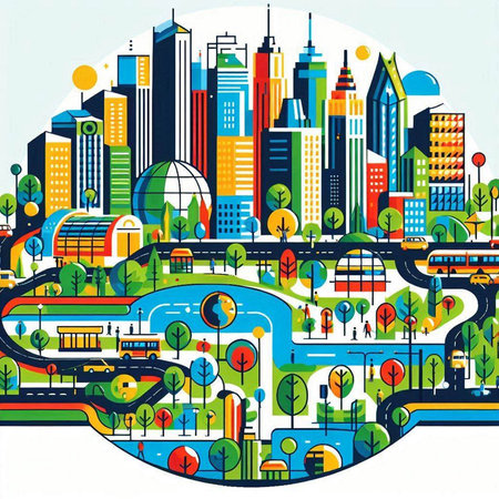 Vector illustration of a cityscape with buildings, roads and trees.のイラスト素材