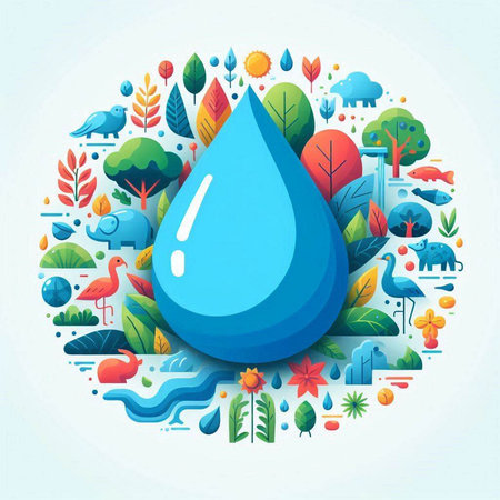 Ecology concept with water drop and icons in circle shape. Vector illustration.のイラスト素材