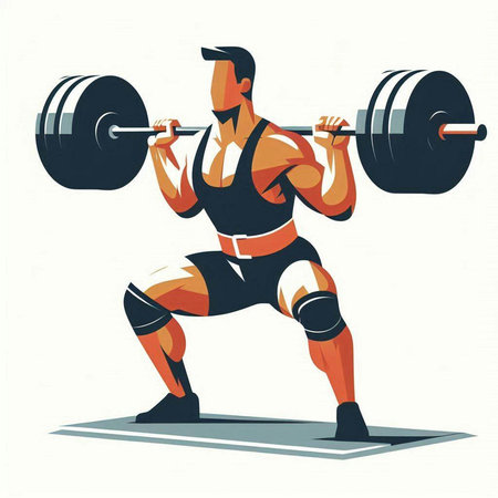 Muscular man doing exercise with barbell. Vector illustration in cartoon style.のイラスト素材