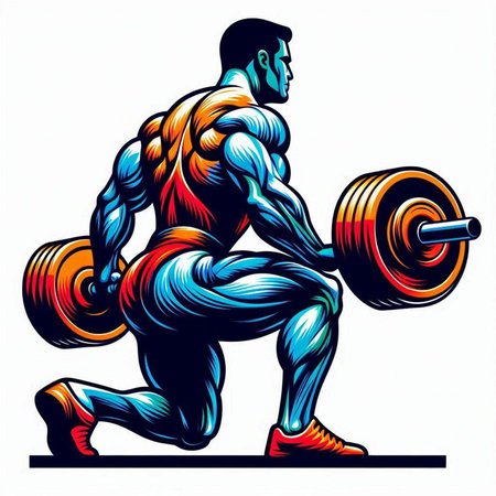 Bodybuilder with barbell isolated on white background. Vector illustration.のイラスト素材