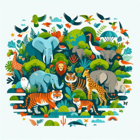 Vector illustration of zoo and animals in flat style. Animal in the jungle.のイラスト素材