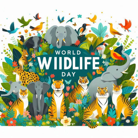 World Wildlife Day. Vector illustration with cute wild animals and flowers.のイラスト素材