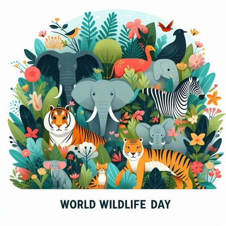 World Wildlife Day. Vector illustration with cute wild animals and plants.のイラスト素材