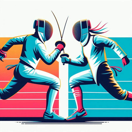 Fencing sport. Two fencing players in action. Vector illustration.のイラスト素材