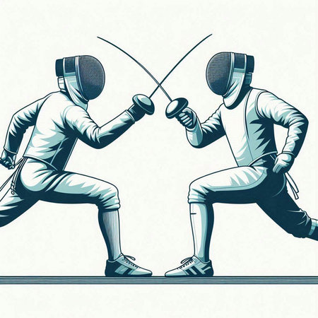 illustration of a pair of fencing players in action, vector illustrationのイラスト素材