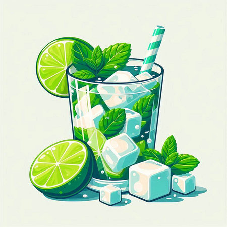 Mojito cocktail with lime, mint and ice cubes. Vector illustration.のイラスト素材
