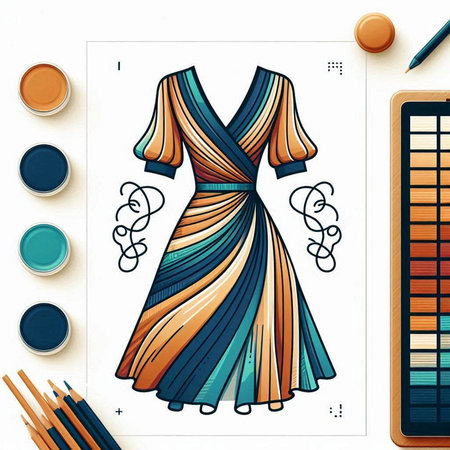 Illustration of a woman's dress, paints, brushes and paletteのイラスト素材