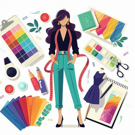 Vector illustration of a fashion designer with a set of tools for creating clothes.のイラスト素材