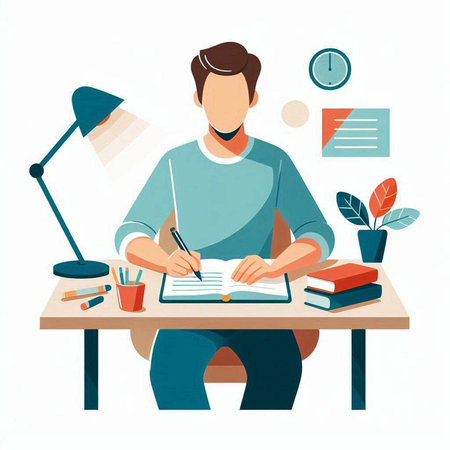 Man sitting at the desk and writing in a notebook. Vector illustration.のイラスト素材