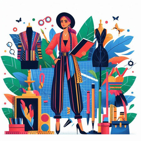 Fashion designer woman working at her office. Vector illustration in flat styleのイラスト素材