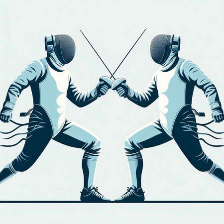 Vector illustration of two fencers fighting with swords in vintage style.のイラスト素材