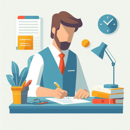 Businessman working in office. Vector illustration in a flat style.のイラスト素材