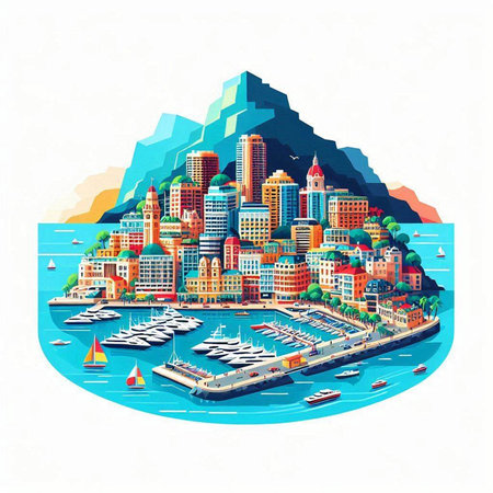 Cityscape of the sea. Vector illustration in a flat style.のイラスト素材