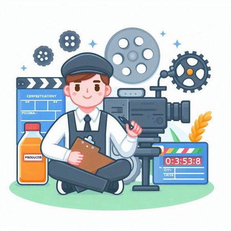 Cinema director with movie camera and film reel. Vector illustrationのイラスト素材