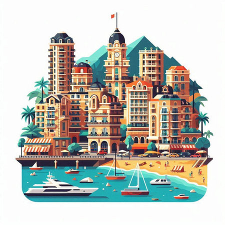 Cityscape with buildings, boats, palm trees and yachts. Vector illustrationのイラスト素材
