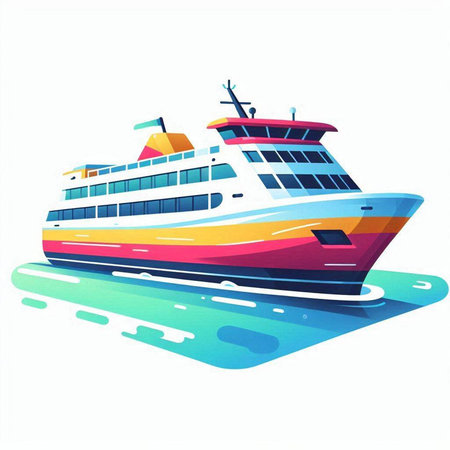 Cruise ship on the water. Vector illustration in cartoon style.のイラスト素材
