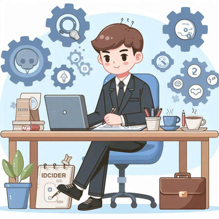 Businessman working at the office. Vector illustration in cartoon style.のイラスト素材