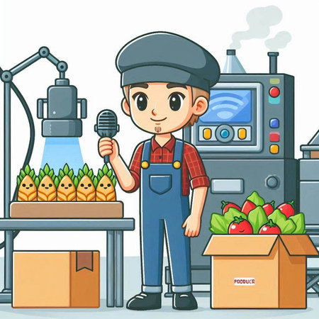 Illustration of a Cute Boy in a Fruit Production Factory Characterのイラスト素材