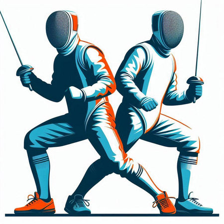 Fencing players in action. Vector illustration of two sportsmen wearing fencing suits.のイラスト素材