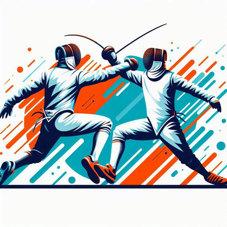 Fencing sport poster with two fencers in action, vector illustrationのイラスト素材