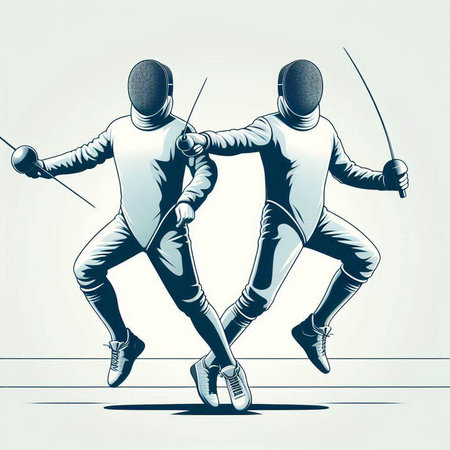 Fencing. Silhouettes of two young men in fencing suits.のイラスト素材