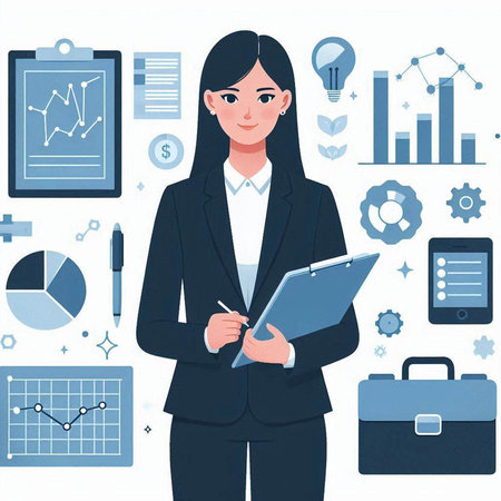 Businesswoman with clipboard and business icons. Vector illustration in flat styleのイラスト素材