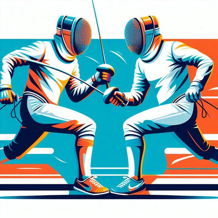 Fencing athletes in action on colorful background. Vector illustration for your designのイラスト素材